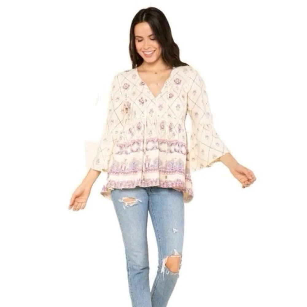 RAGA Anthropologie Top Women's MEDIUM Juanita Ivory Printed Bell Sleeve Tie Neck